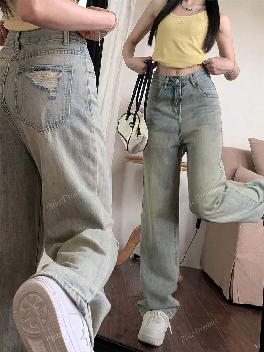 Straight Leg Loose Fitting Distressed Pocket Design Jeans, Ankle Length Pants