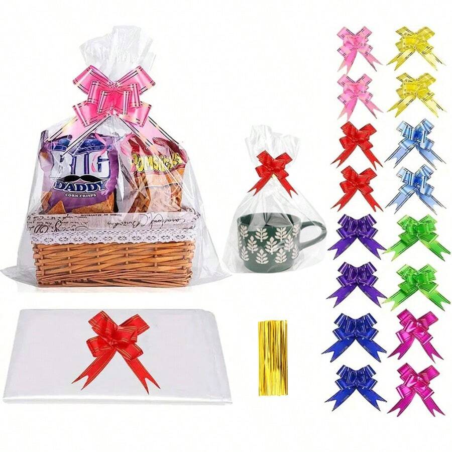20/30 Stücke große Cellophan-Geschenktüte mit bunter Schleife und Knicken, große Verpackungstüte für Obstkorb Verpackung, Geburtstags- und Party-Geschenktüte
