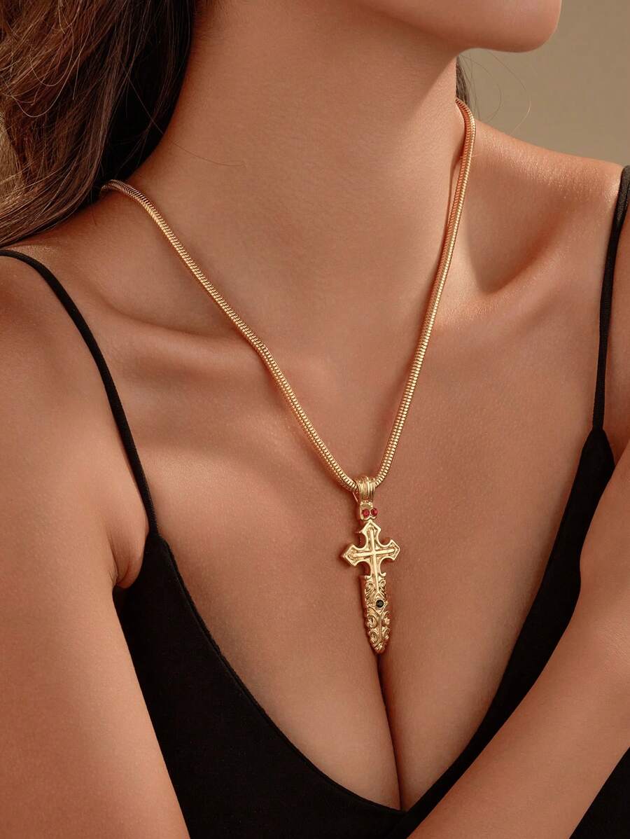1 Piece Vintage Gold Cross Sword Pendant Necklace,Inlaid Cubic Zirconia,Snake Bone Round Chain,Suitable For Daily,Hip Hop,Party And Gift
