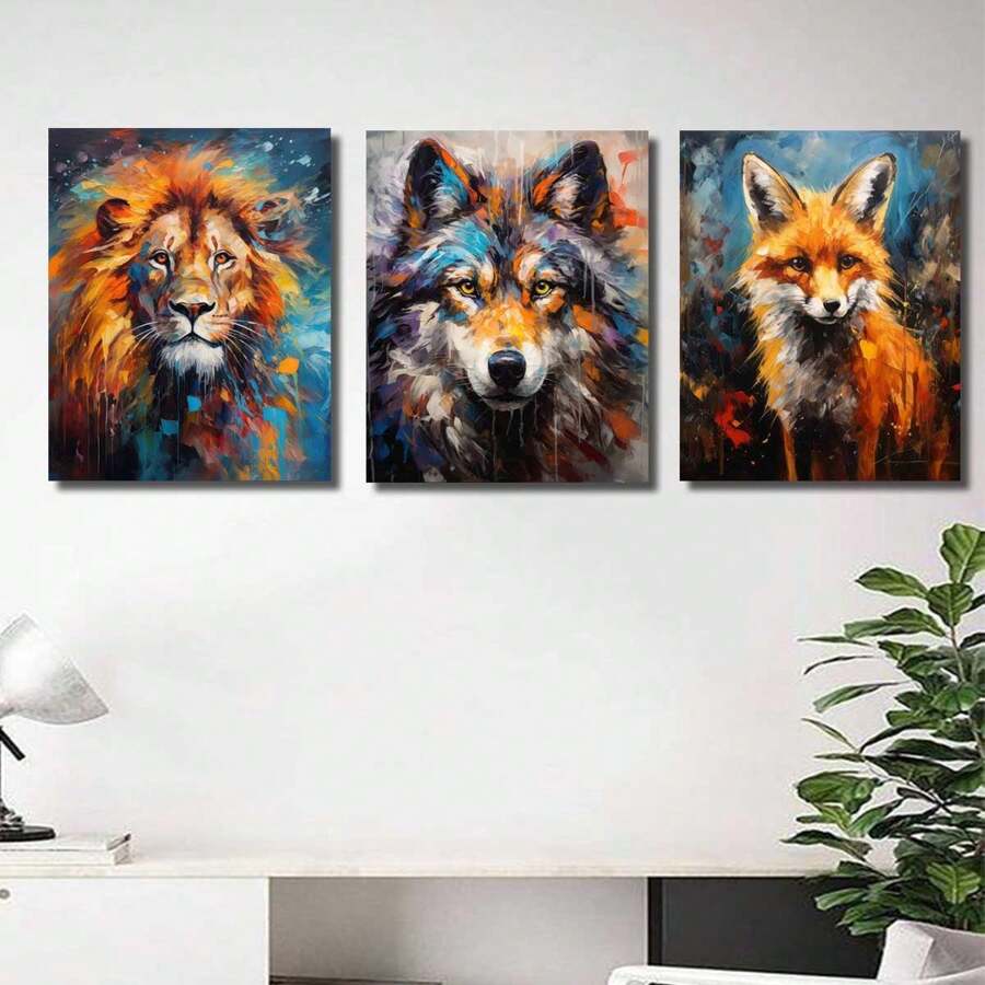3pcs Animal Wall Arts Canvas Posters, Lion, Fox, Wolf Oil Painting HD Printing Optional Frame, Office, Living Room, Dining Room, Bedroom Home Decoration ,Wall Art With Frame
