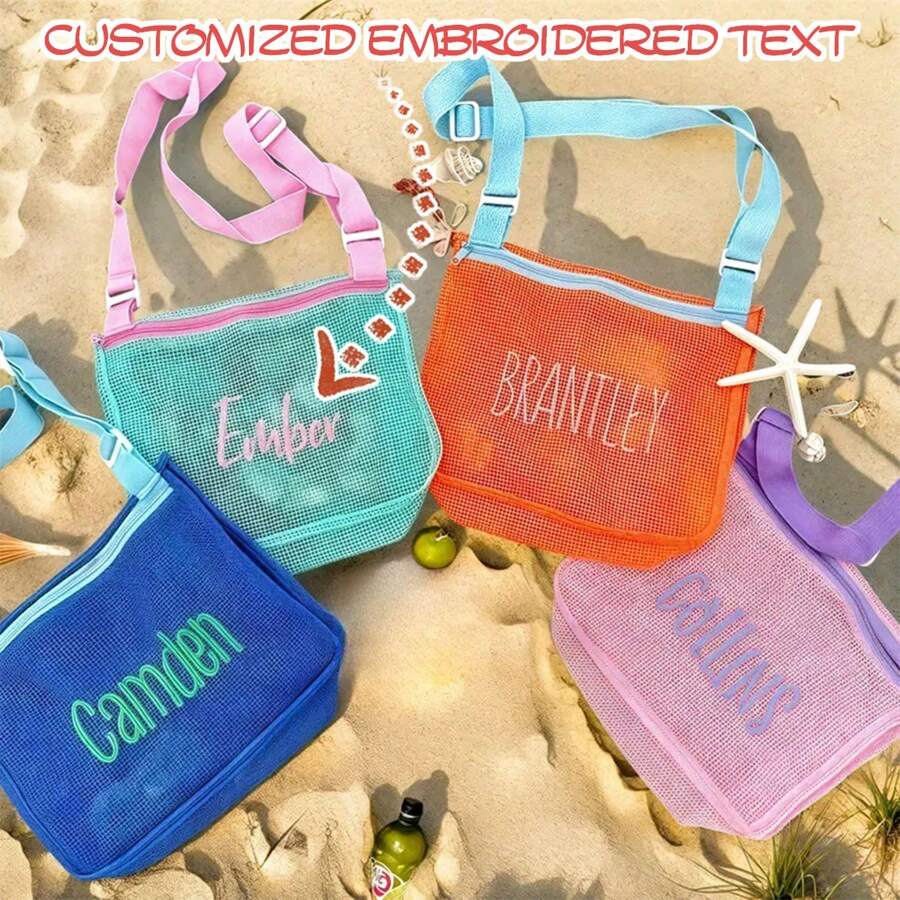 1pc Customized Embroidered Lightweight Foldable Large Capacity Beach Bag, Mesh Beach Storage Bag, Beach Travel Mesh Bag, Personalized Shell Zipper Mesh Beach Bag, Sun Protection Bag, Personalized Embroidered Bag, Summer Vacation Storage Bag, Personalized Shell Bag, Shoulder Tote Beach Bag