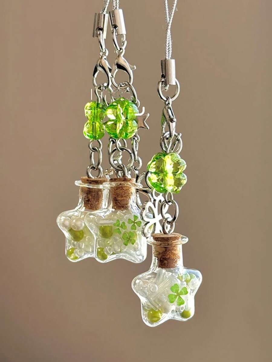 Porte-clés de décoration de sac, appareil photo, chaîne de clés, bouteille de vœux avec trèfle à quatre feuilles et étoile, polyvalent et minimaliste