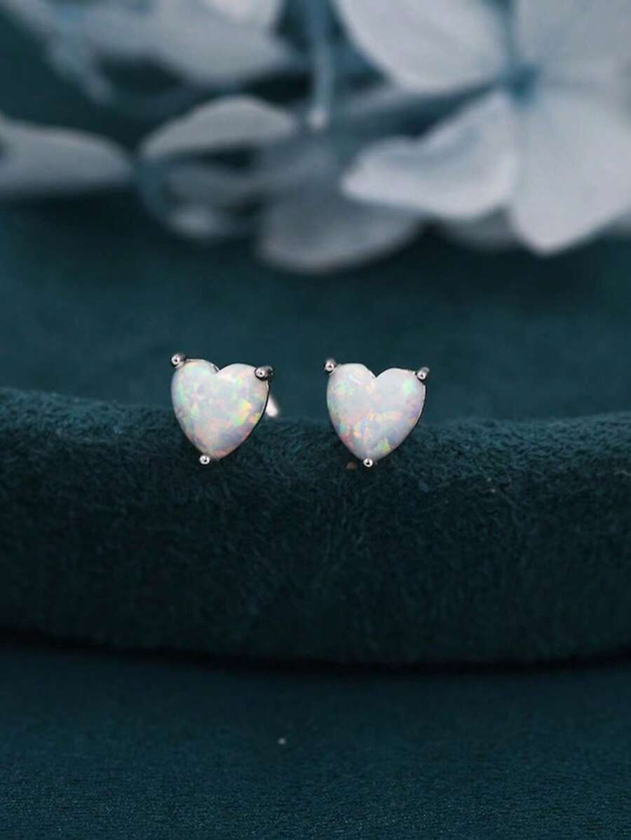 1 Paar reine Silber Pfirsich Herz & Liebesform Australischer Opal Ohrstecker, minimalistischer & modischer Schmuck für Frauen