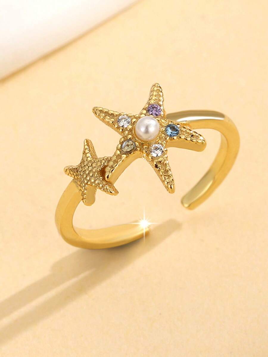 1 Peça Anel Ajustável de Pé de Prata Sterling S925 com Estrela do Mar de Pérola e Cristal, Adequado para usar em atividades na praia, presente