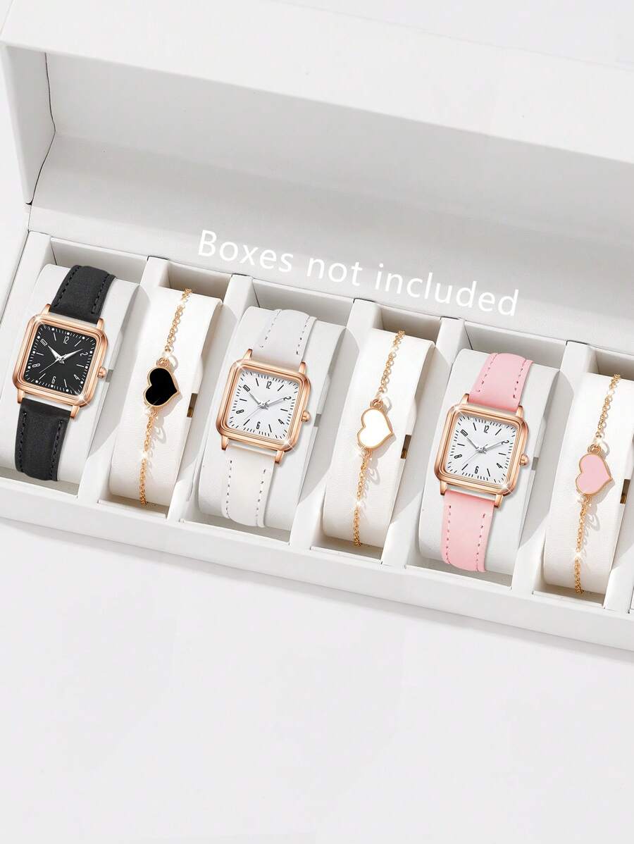 6-Piece Women's PU Leather Strap Fashionable And Simple Arabic Numeral Scale Square Dial Quartz Watch Bracelet Jewelry Set Suitable For Daily Wear Decoration Or Holiday Gifts