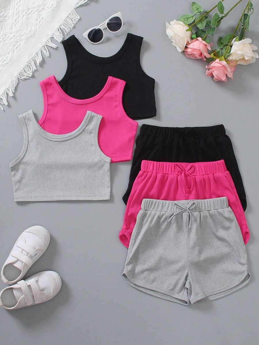 3pcs Tween Girls Summer Set, Solid Color Casual Crew Neck Sleeveless Top With Bowknot, Matching Shorts