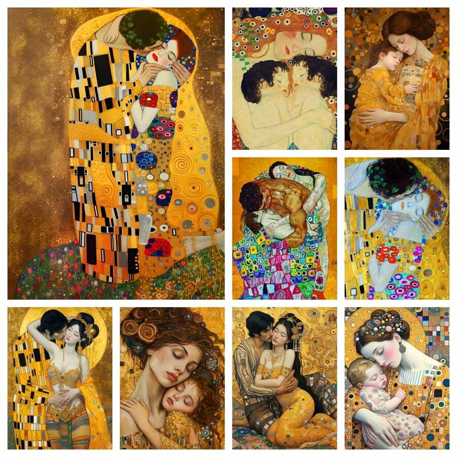 Set di ricamo di diamanti 5D a tema del bacio dorato di Gustav Klimt, artigianato fai-da-te per decorazione domestica, regalo, stile anime, ricamo a mosaico a tutto tondo con punto croce