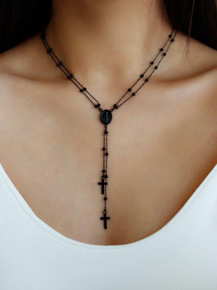 1pc Cross & Jesus Charm Y-Shaped Black Beaded Necklace, Suitable For Women Faith, Prayer, Party, Daily Wear (Random Bead Quantity)