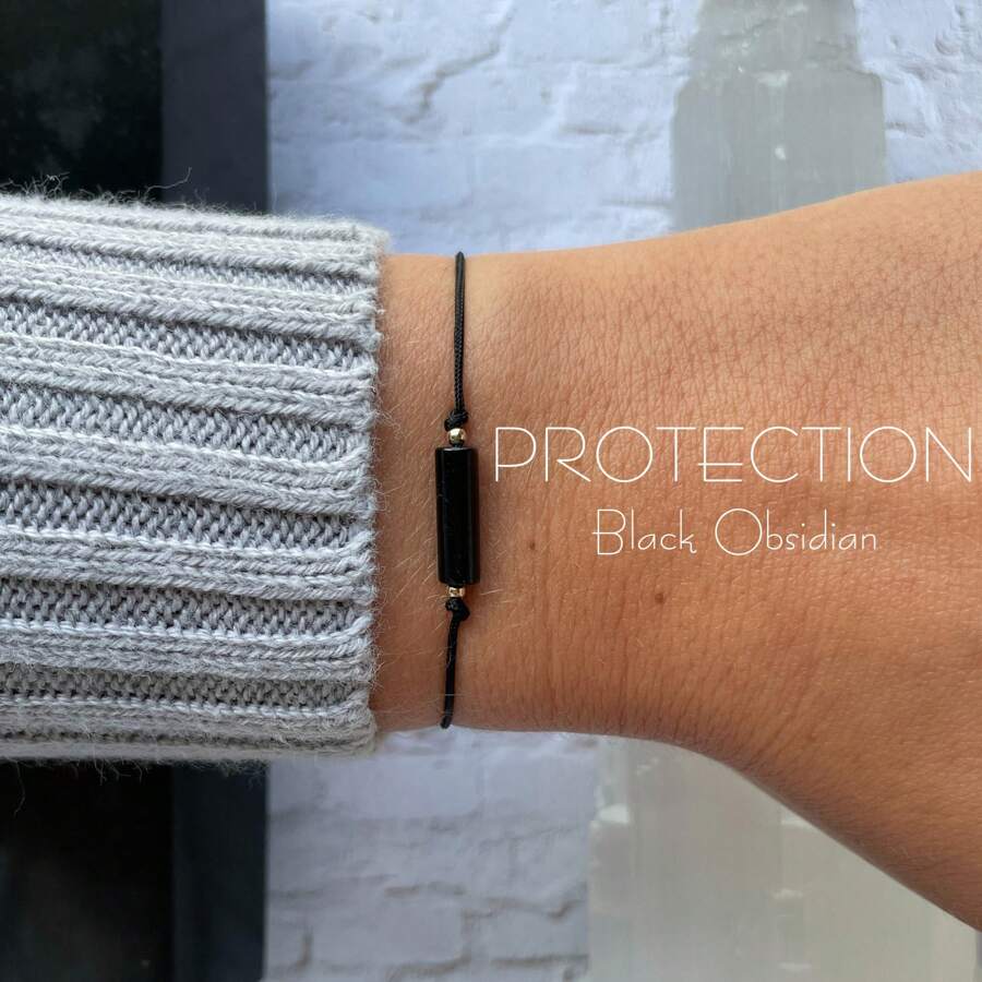 1 peça, pulseira de turmalina negra com cordão sem cartão, pulseira ajustável de obsidiana, pulseiras de proteção empática para homens e mulheres