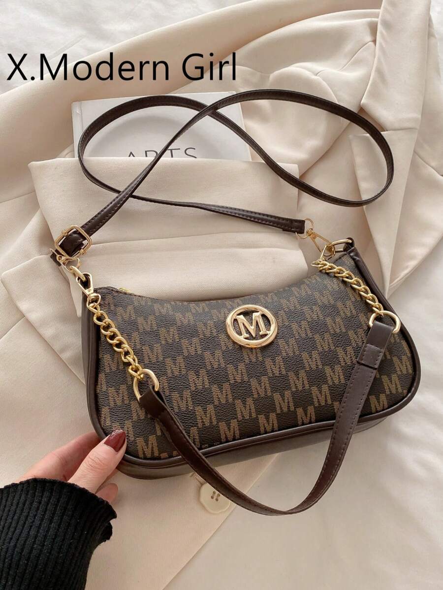 2025, New Fashion Classic Pu Waterproof Fabric M Letter Print Design Metal Chain Decoration Shoulder Crossbody Bag. Suitable For Shopping, Purse, Students, Young Women, Office Women. Perfect For Office, College, Work, Business, Commuting, Outdoor Activities, Travelling And Picnics.
