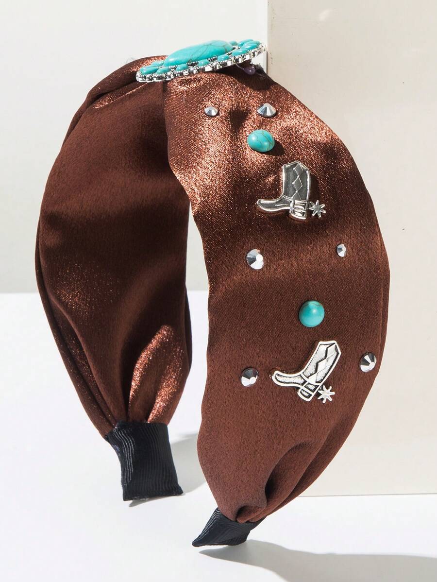 1 buc. Bandă de păr vintage cu boruri largi, tip cowboy western, culoare solidă, turcoaz, încrustat, decorațiune din aliaj, accesoriu de păr în stil boho, bandă de păr, diademă, cerc de păr