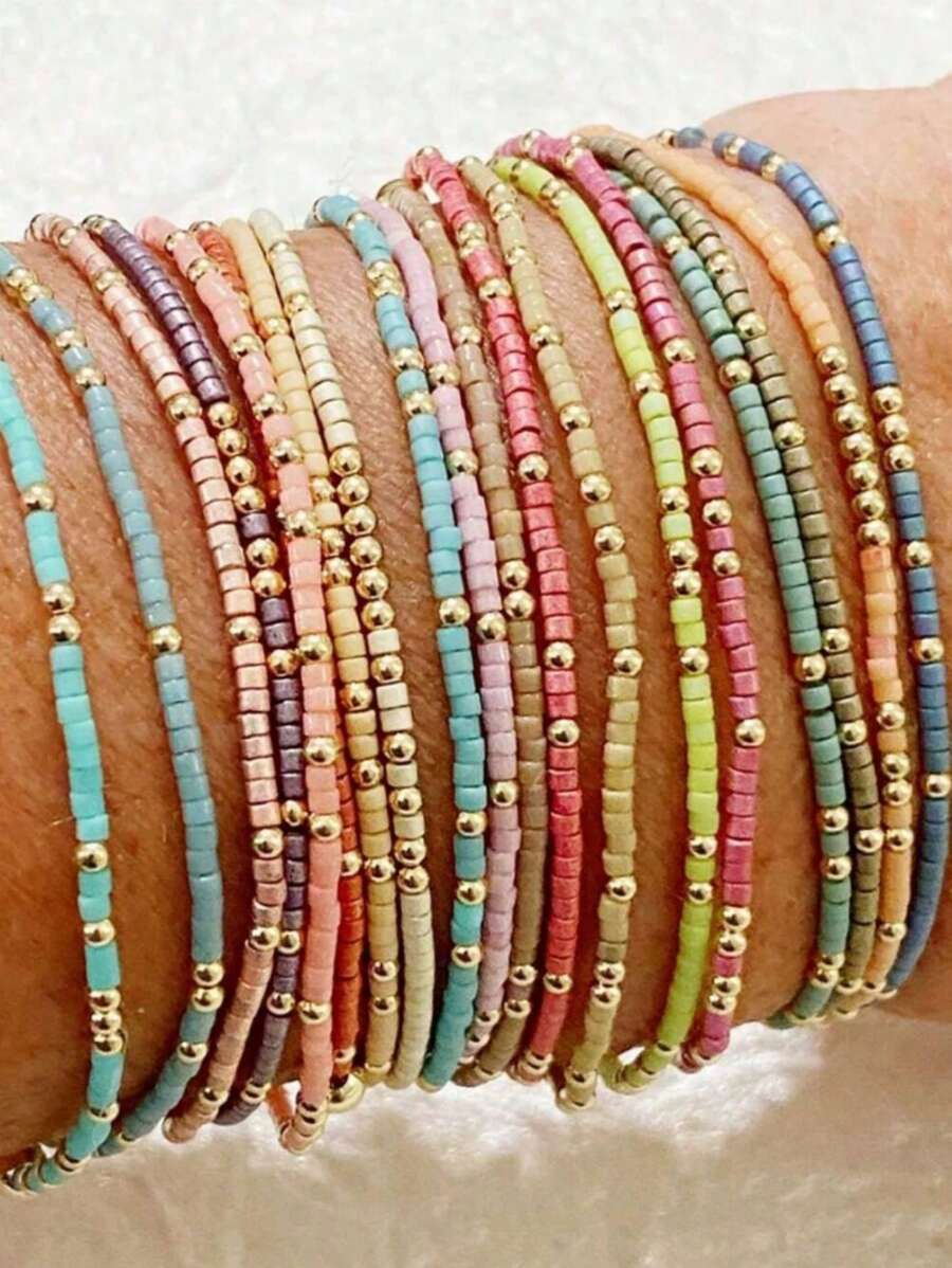 19 pièces Ensemble de bracelets décoratifs en perles de résine de couleur bohème mélangée et perles CCB dorées