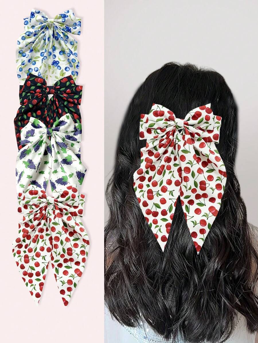 1 pieza Pinza de pelo con clip de mariposa de doble capa, con estampado de cereza y cinta de tela teñida de arándano, accesorio de pelo lindo adecuado para uso diario