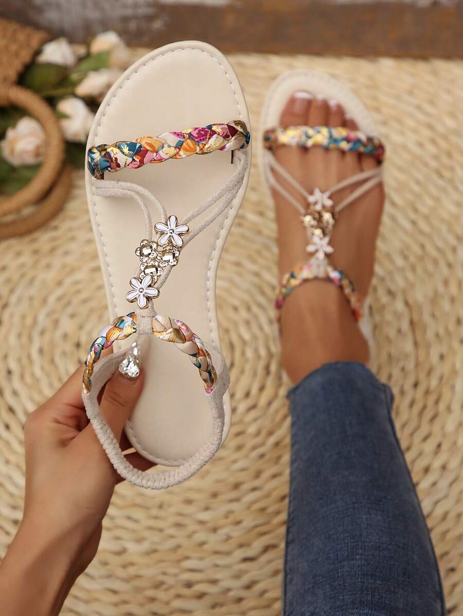 Women's Fashion Roman Style Sandals - Floral Button Design, White Base With Colorful Petal Pattern, Round Toe Flat Heel, Suitable For Summer Casual Wear, Comfortable | Decorative Sandals | Rubber Sole Flip-Flops, With Elastic Strap