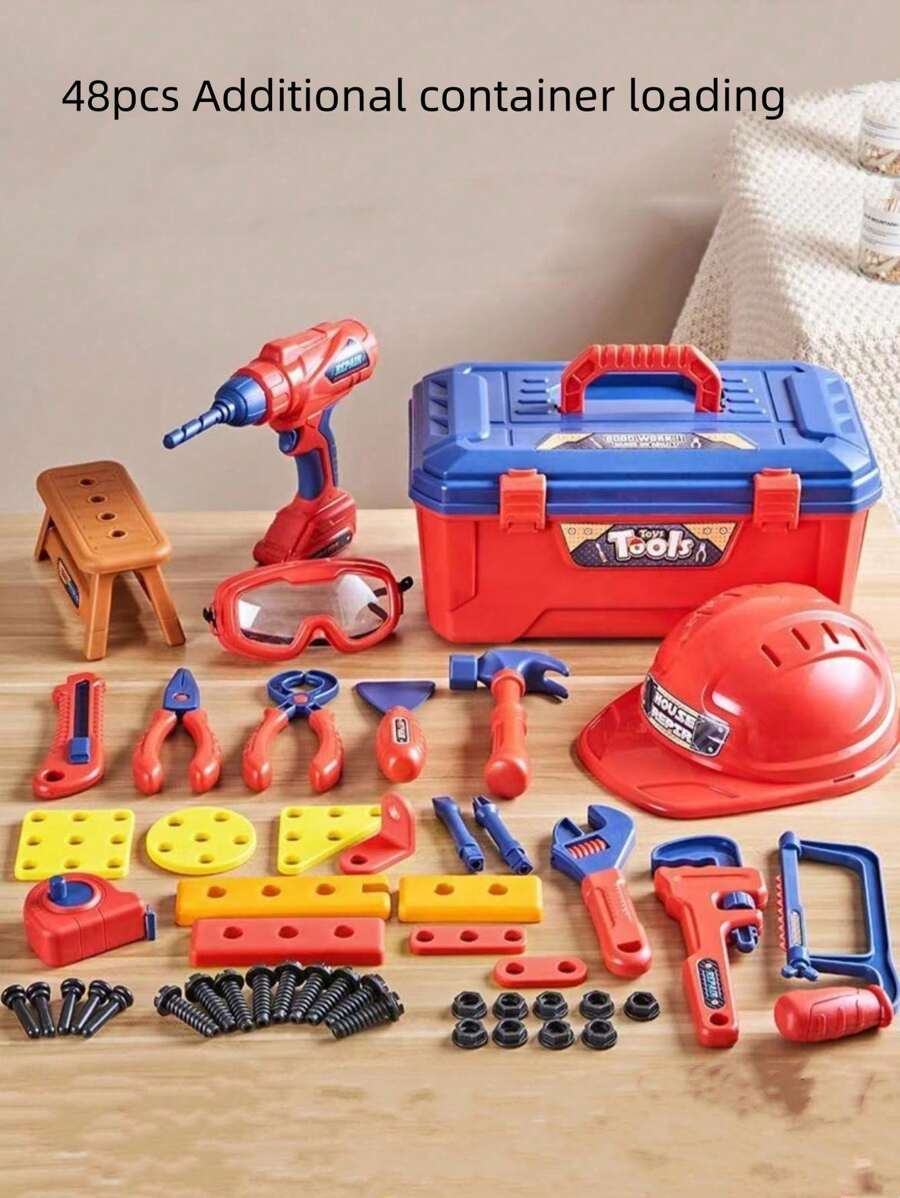 Set di 48 pezzi di cassetta degli attrezzi giocattolo per bambini, set di simulazione di riparazione per esercizi, utile per sviluppare le abilità manuali dei bambini, giocattoli di assemblaggio di ingegneria multipli, adatti per camere da letto, soggiorni e attività genitori-figli