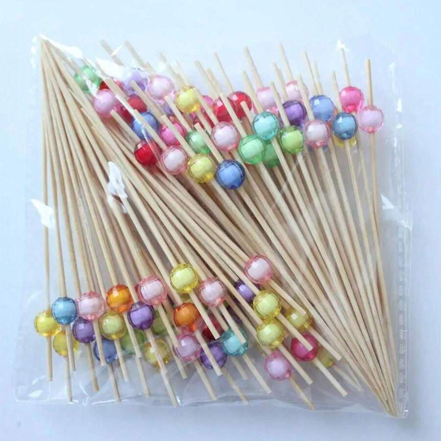 20/50/100/200pcs Elegant Bamboo Picks With Colorful Crystal Pearls, Suitable For Displaying Fruit, Cakes And Snacks, Ideal For Party, Birthday, Graduation, Anniversary, School Events, Valentine's Day Decorations, Fruit Plate Decoration