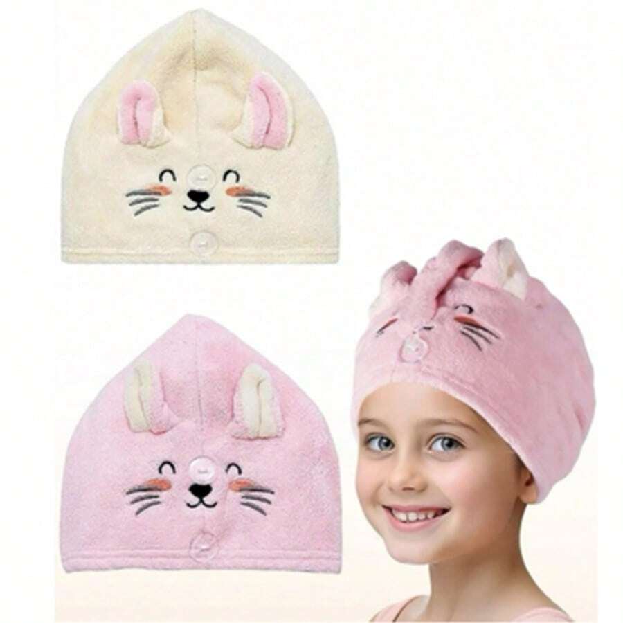 Microfiber Hair Towel For Kids- Soft Super Absorbent Rapid Drying Hair Towel Wrap Turban For Girls With 2 Buttons- Anti-Frizz For Thicker Curly Long Hair, 2 Packs, Kitty