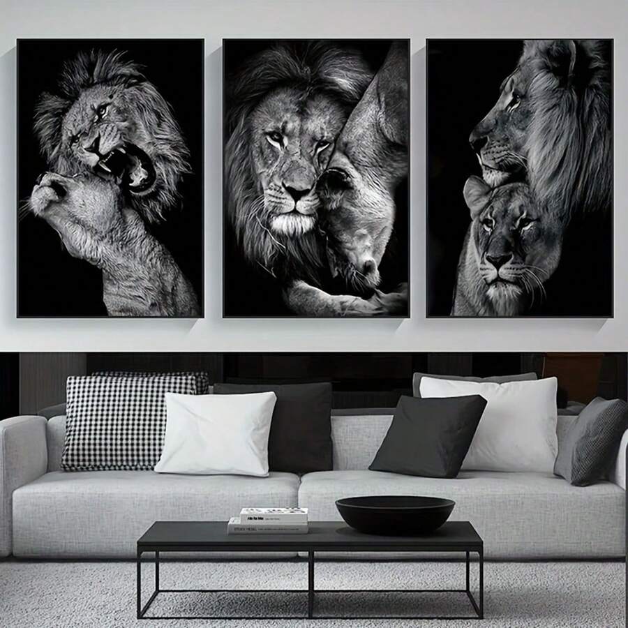 3pcs Frameless Canvas Posters, Black And White Lion Couple Portrait Painting, Canvas Wall Art, Artwork Wall Decor, Gifts For Bedroom, Office, Living Room, Cafe, Bar, Wall Decor, Home And Dorm Decoration Birthday Graduation
