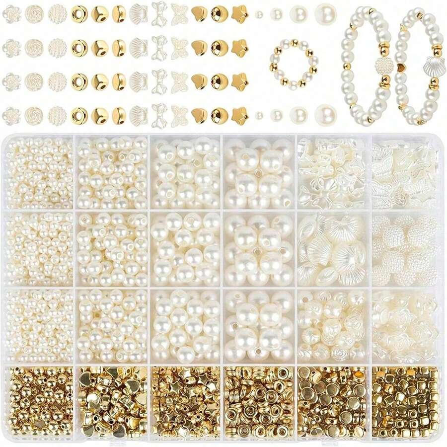 1000pcs White Mixed Acrylic Pearl Polished Loose Beads Set Elegant For DIY Jewelry Decors Handmade Craft Jewelry Making Supplies,Valentine's Day Gift