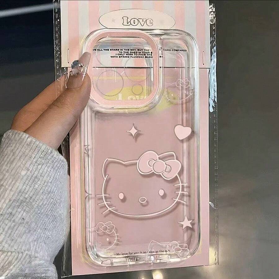 Sanrio 1pc Happy Hello Kitty Pink Big Face Transparent Phone Case, Outdoor Sports Shock & Drop Proof, Compatible With Apple 16/15/14/13/12/11/Xs Max/Xs/X/Xr, S21/S21FE/S23/S24/S24 Ultra/S25/S25 Ultra