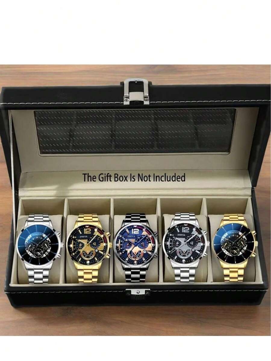 Conjunto de 5 relojes de cuarzo para hombre, estilo minimalista, caja redonda de aleación, pulsera de aleación para negocios, elegante juego de regalo