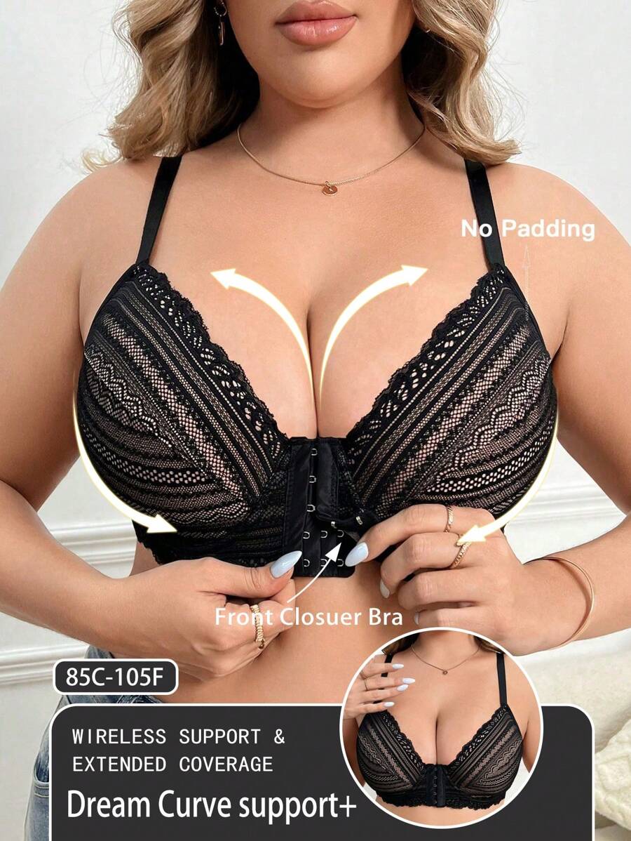 Plus Size Women Front Closure Lace Patchwork Bra, Soft & Comfortable Underwear With Wire