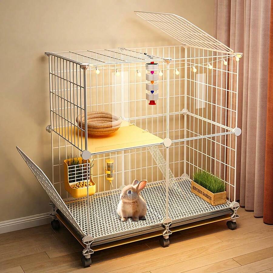 Jaula grande para conejo de fácil montaje con caja de arena, casa villa de gran tamaño para uso doméstico, jaula móvil conveniente para mascotas pequeñas