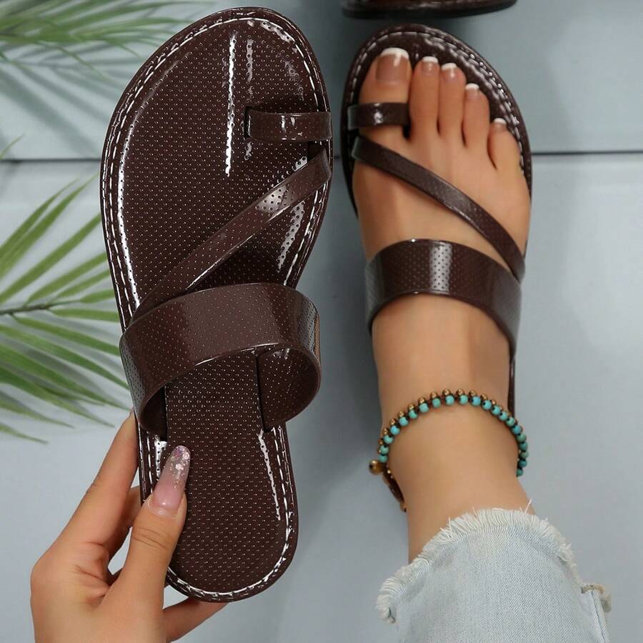 1 Pair Women Flat Sandals, Casual Round Toe Slippers, Comfortable Easy To Wear, Elegant Design, Suitable For Summer Bohemian Style