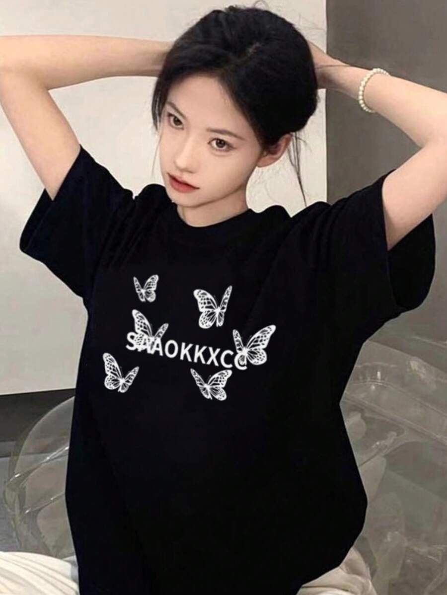 Women's Loose Black Printed T-Shirt - Short Sleeves, Loose Fit, Machine Washable, Japanese Text, Panda Pattern Design