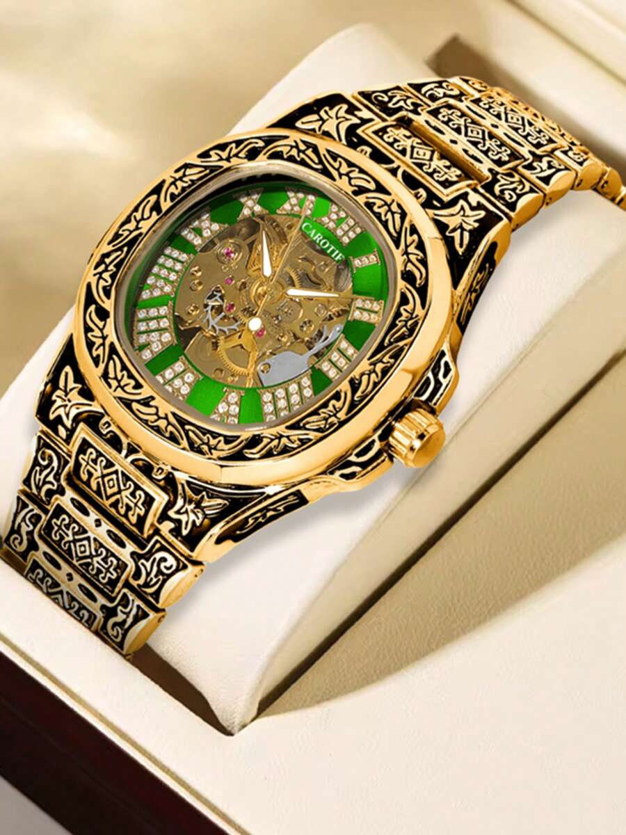 1 pièce Montre-bracelet mécanique avec cadran squelette en acier inoxydable pour homme, design lumineux vert, mode et