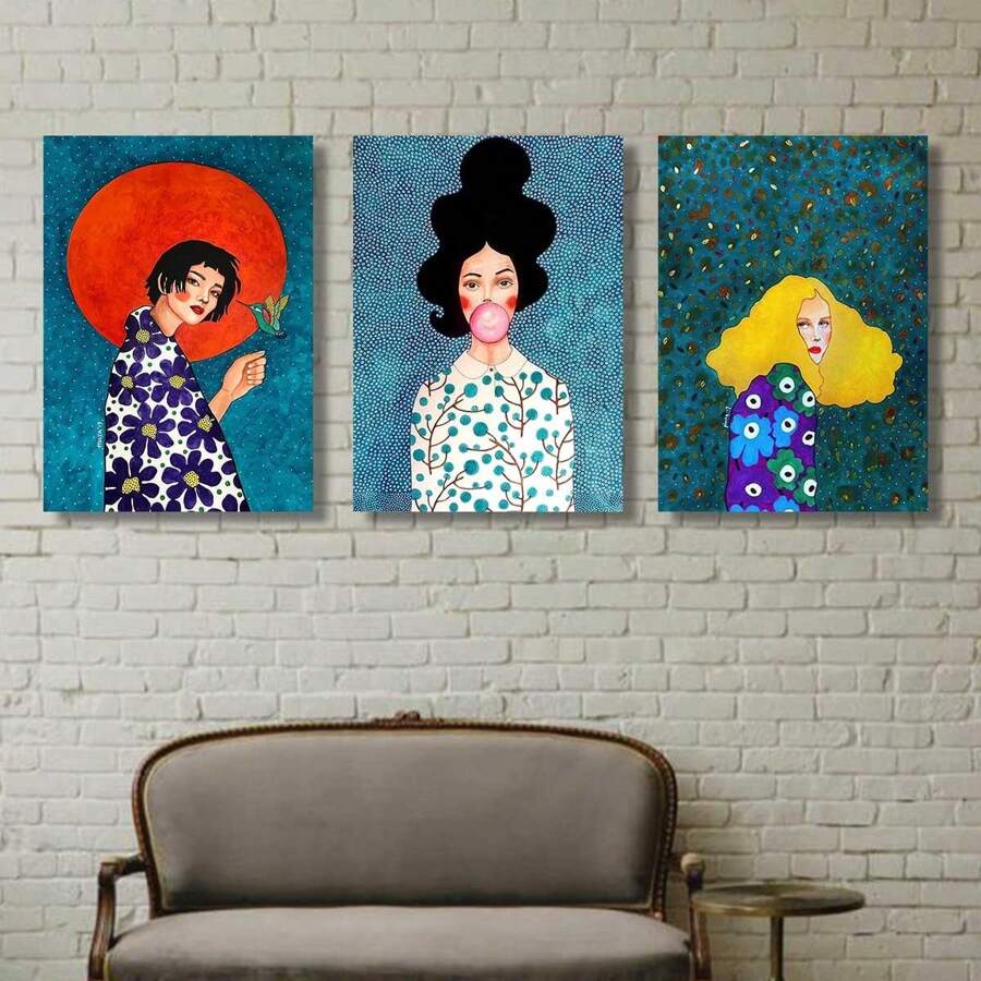 3pcs Vintage Flower Girl Wall Arts Canvas Posters, Scandinavian Oil Painting, Nordic Living Room Bedroom Optional Frame Hanging Painting ,Wall Art With Frame