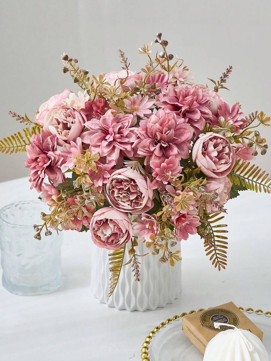 1 pieza Flores artificiales, ramo de peonías, dálias y margaritas de seda sintética, arreglo floral realista para decoración del hogar, bodas, centros de mesa, decoración de otoño