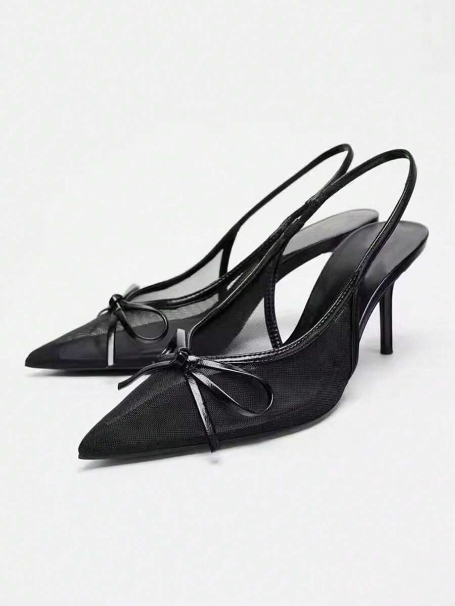 2025 Sommer Neue Damen Spitze Zehe Schwarze Mesh Schleife Cut Out Atmungsaktiv Offene Ferse Stiletto High Heels, modische Party Alltags Tragen Sexy Elegante Schwarze High Heel Sandalen