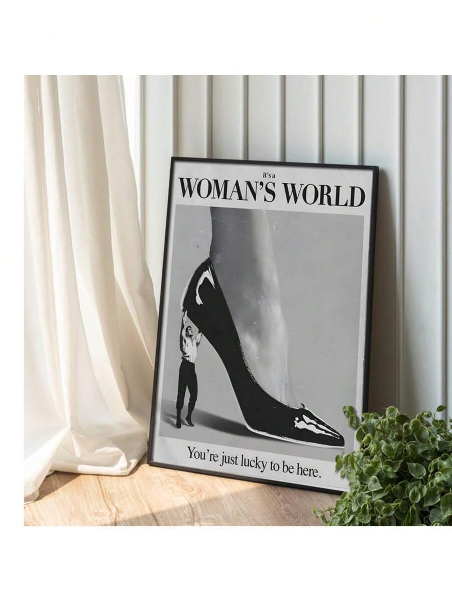 Girl Boss Art Print, Woman's World High Heel Poster, Empowering Black And White Wall Art, Retro Feminism Quote Print, Modern Optional Frame ,Wall Art With Frame