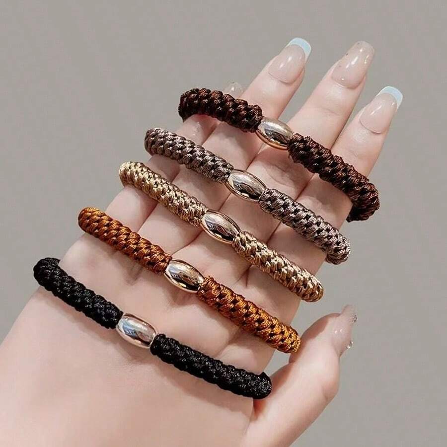 5pcs/Pack Simple Versatile High Elastic Non-Slip Hair Ties, Women's 2025 New Rubber Hair Bands, Shiny Casual Polyester Ponytail Holders