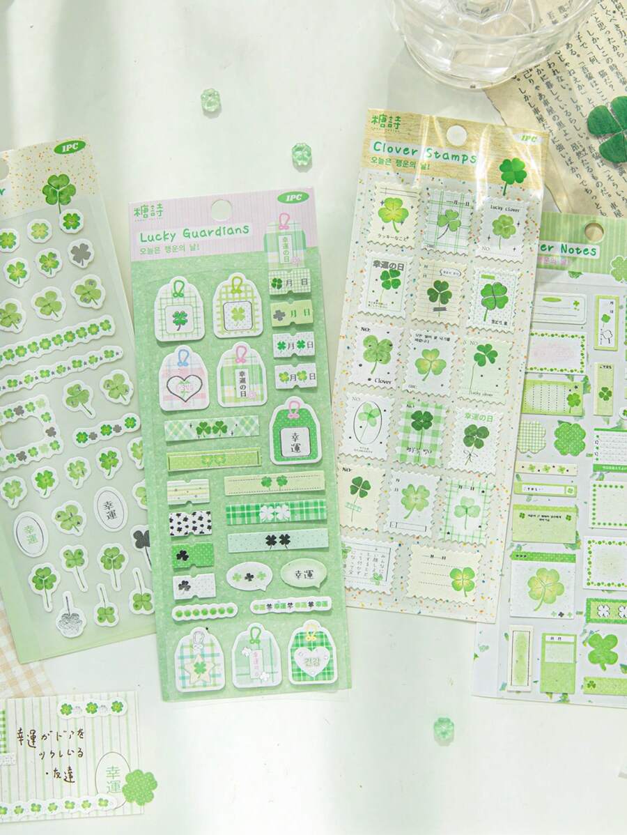 1pc/2pcs Random Luck Green Clover Foil Cut Decorative Sticker For DIY Scrapbooking, Card Making, Bullet Journal,School Supplies,Back To School
