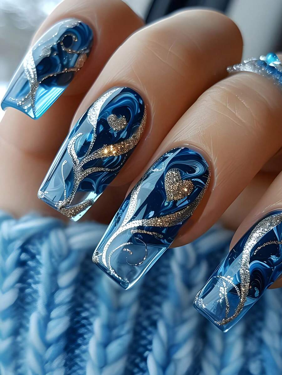 24 Piece Long C-Curve Nail Fake Nail Blue Fashionable Gradient Flash Geometric Stripe Heart-Shaped Pattern Design Nail Kit Long Press Nail Suitable For Holiday Wear, Parties, Friends, Dates, Daily Wear