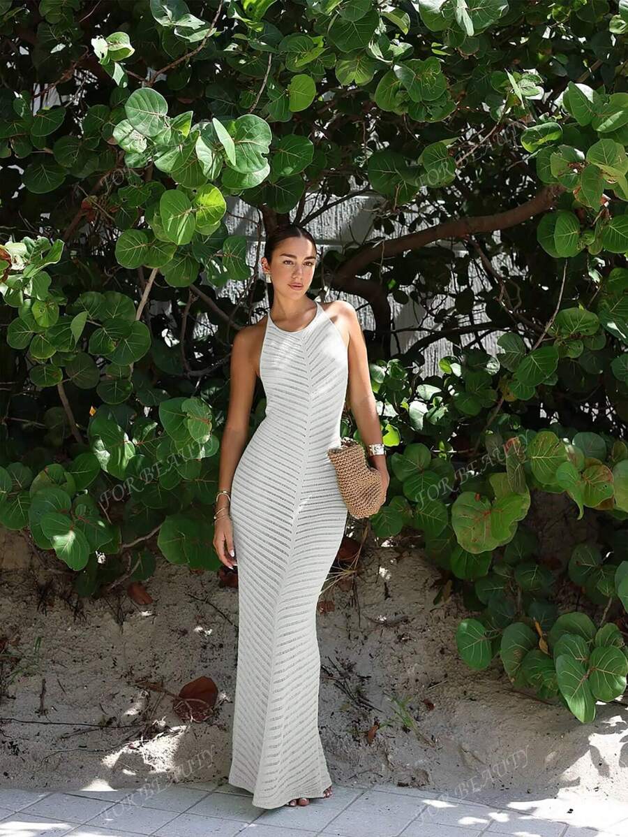 Vestido de punto sin mangas de verano para mujer PARA BELLEZA, delgado y sexy, con un diseño de rayas microperforadas, apropiado para vestidos largos de vacaciones