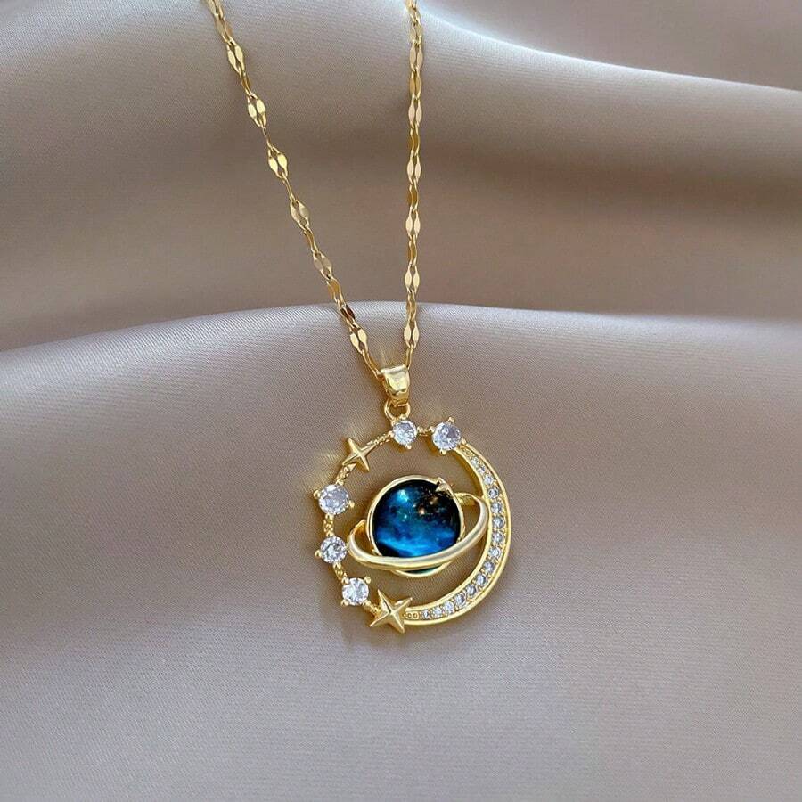 1 pièce Collier pour femmes en acier inoxydable avec pendentif en forme de lune décoré de pierres du ciel étoilé et de strass complets {Boîte de collier non incluse}
