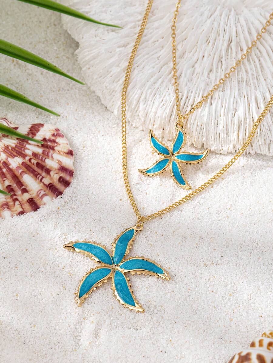 Colar com pingente de estrela do mar esmaltado, estilo oceano, 2 peças, moda verão, joias femininas, adequado para férias na praia e presente de aniversário, uso diário