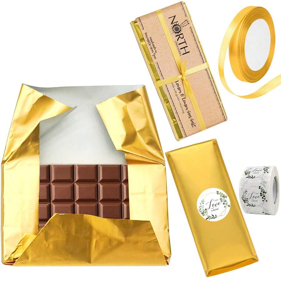 100 paquets d'emballages de barres de chocolat avec 100 autocollants et 1 ruban de 6" x 7,5" en feuille d'or. Feuilles d'emballage individuel homemade pour bonbons, sans plis