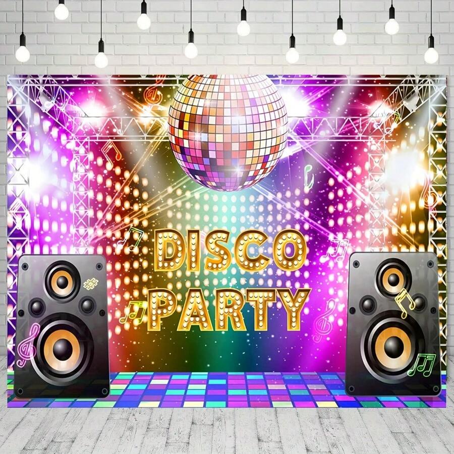 1 pièce, Fond de scène Retro Disco, Scène néon Retro, équipé de boules à facettes, équipement DJ et carrelage damier coloré, parfait pour une photographie et une décoration de fête sur le thème des années 70, 80 et 90, Fournitures pour fête disco