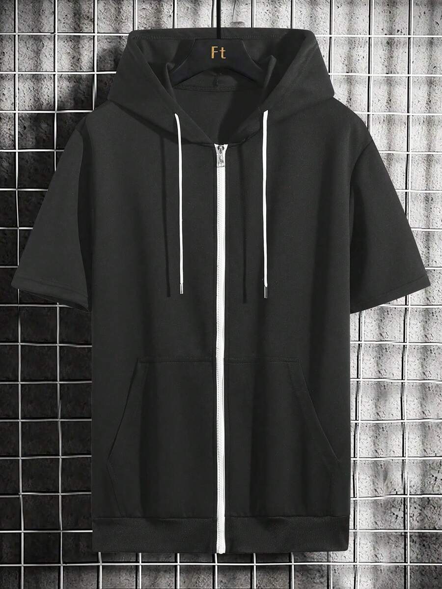 Men's Black Casual Short Sleeve Hoodie, With White Zipper And Drawstring Design, Suitable For Sporty Men's Daily Wear, Fashionable Leisure Tops, Fit For Play And Exercise