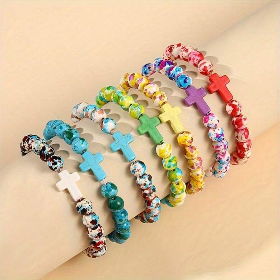 7 brazaletes bohemios de piedras de colores y cuentas, con diseño de cruz multifuncional, perfectos como accesorios casuales y de vacaciones (colores de cuentas aleatorios)