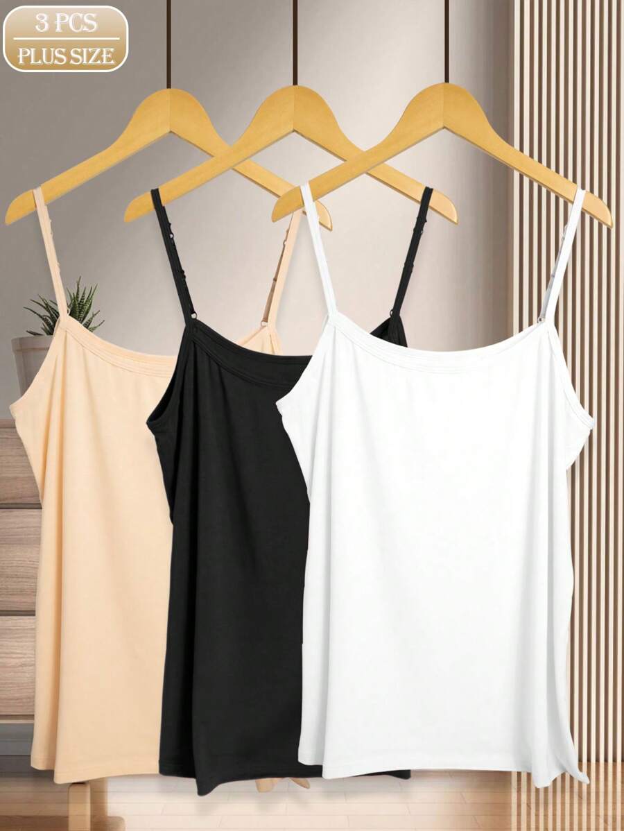 3pcs/Set Plus Size Women Solid Color Camisole Strap Adjustable Layering Tank Tops