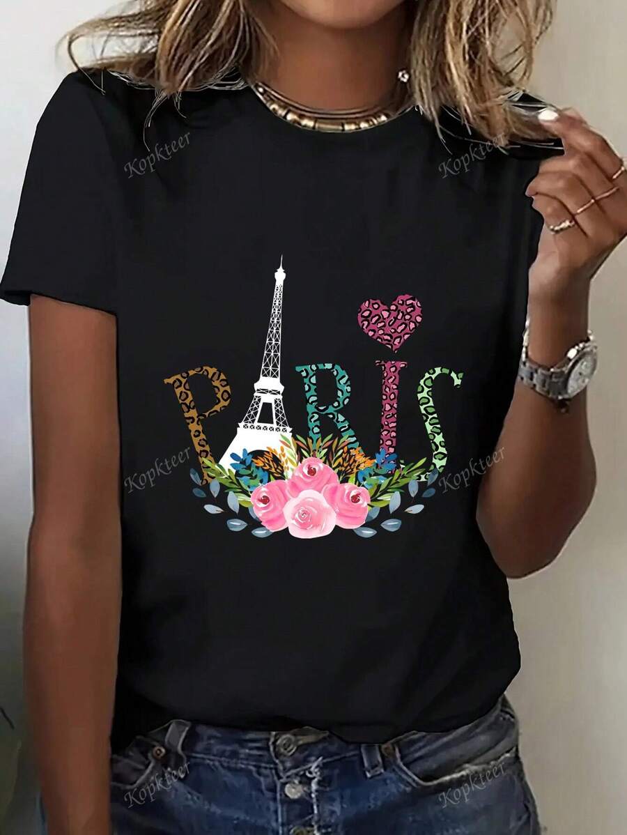 T-shirt casual da donna con scollo tondo, maniche corte, vestibilità morbida, con stampe di colori uniti, floreali, leopardate e con lettere