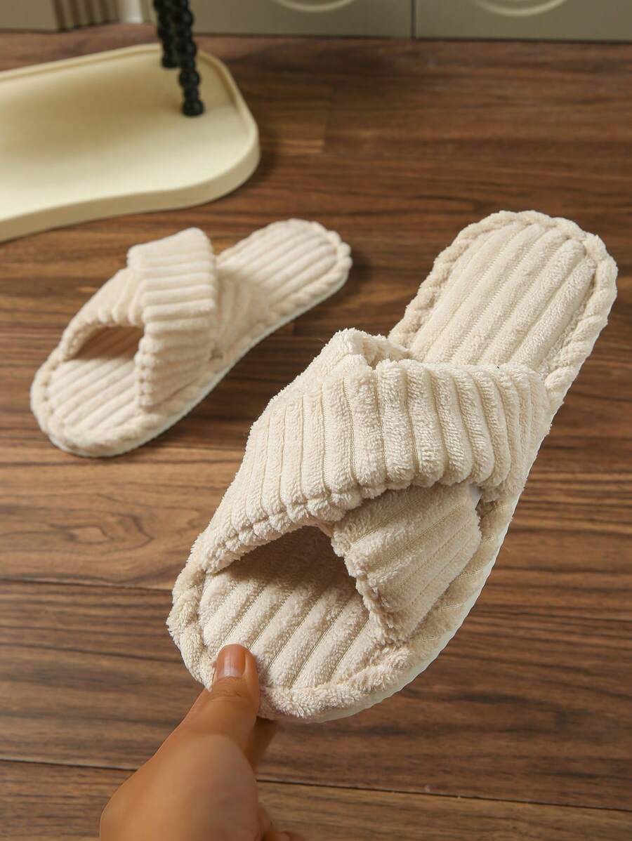 Women's Crossover Dual Band Open Toe Slippers, Comfortable & Stylish Plush Fur Slide Sandals For Indoor/Outdoor, Suitable For Parties, Home, Vacation - EVA Sole, Flannel Material, Washable - Couples Version