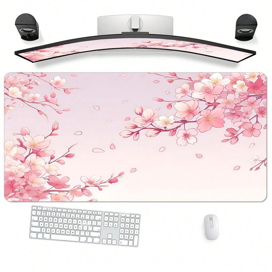Extra Large Cherry Blossom & Pink Background Gaming Mouse Pad With Rubber Base, Stitched Edges , Smooth Surface Oriental Cherry Desk Mat For Home Office , Ideal Gift For Girlfriend