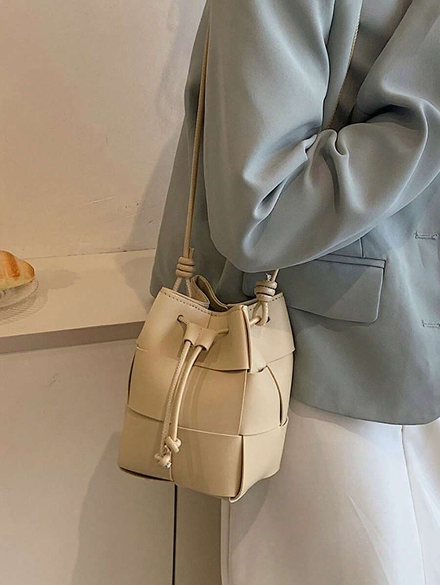 Mini Casual Woven Crossbody Shoulder Bag, Drawstring Bucket Bag, Plain Color PU