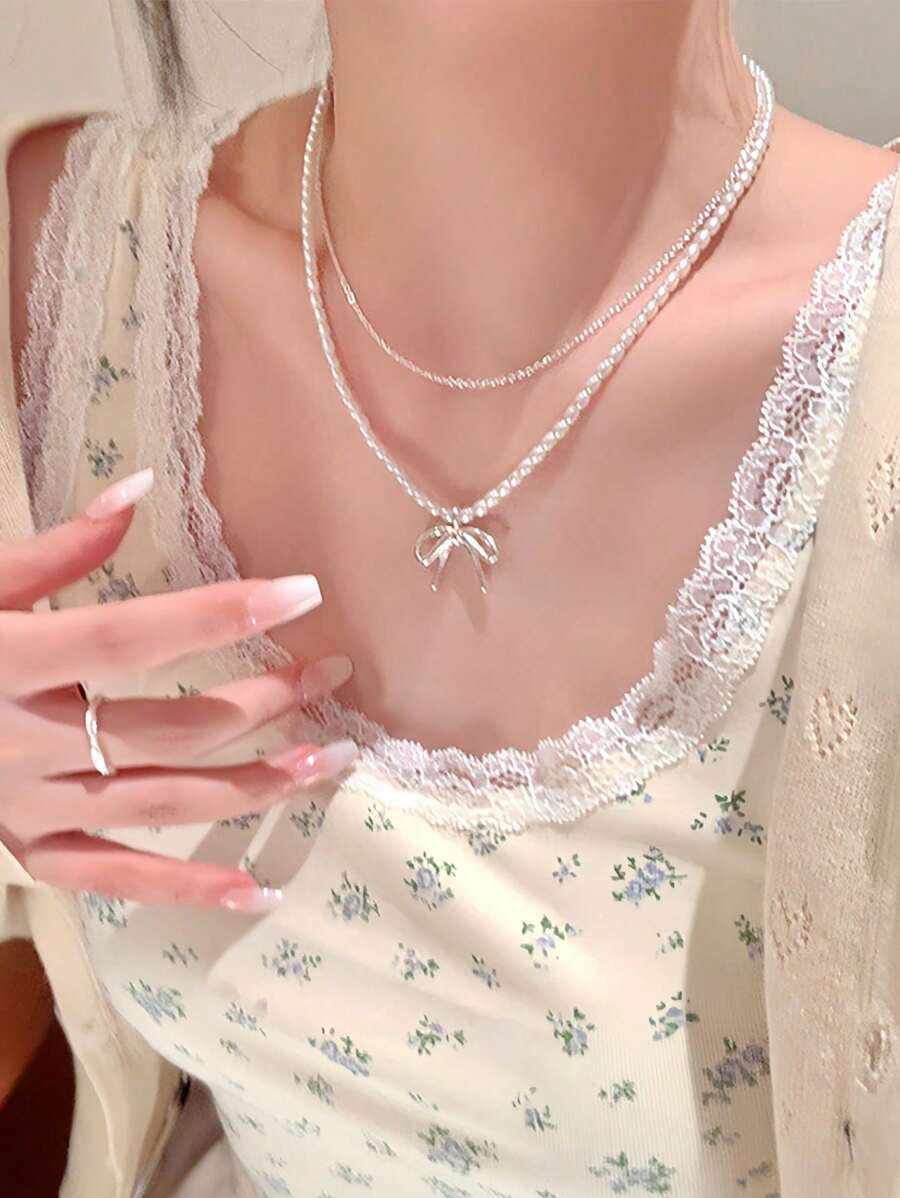 2 pièces Collier de luxe à double couche en cristal avec nœud papillon et perle, collier délicat pour la clavicule, accessoire pour femmes